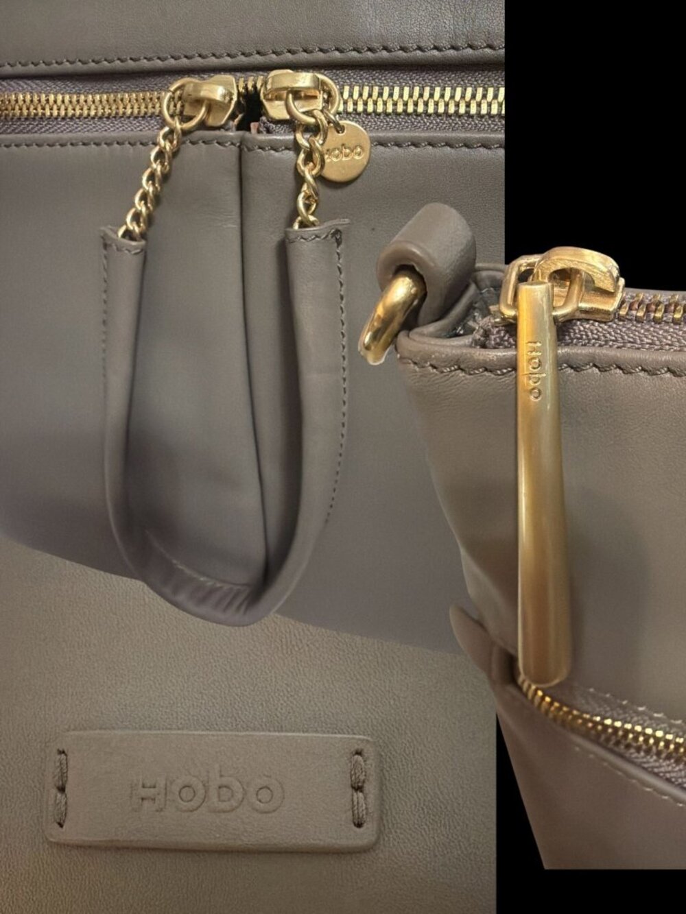 HOBO Double Zip Satchel Taupe Matte Leather Brass Shoulder Bag Detachable Strap - Picture 10 of 12